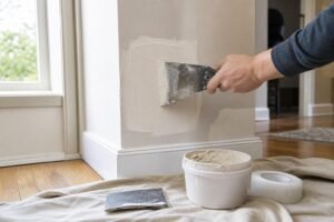 Drywall repair in progress with joint compound and putty knife in a residential room in Aptos